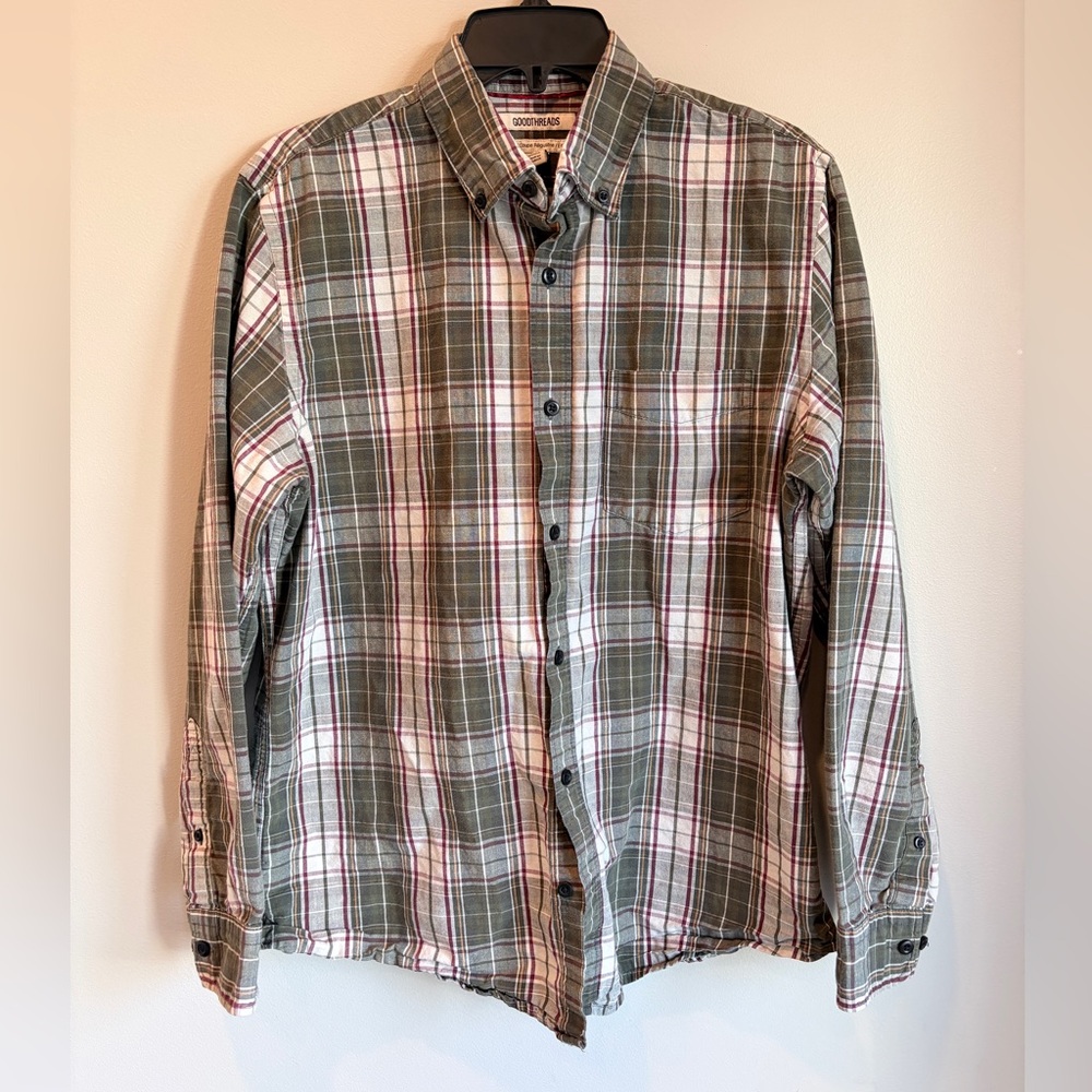 Goodthreads Olive‎ and White Plaid Button Down Shirt Size Medium